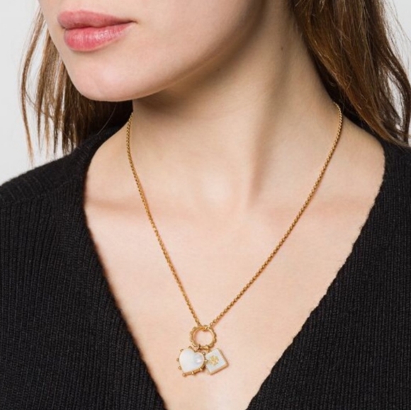 Tory Burch Vintage Gold Plated Mother Of Pearl Heart and Square Charm Ne… - Picture 11 of 12